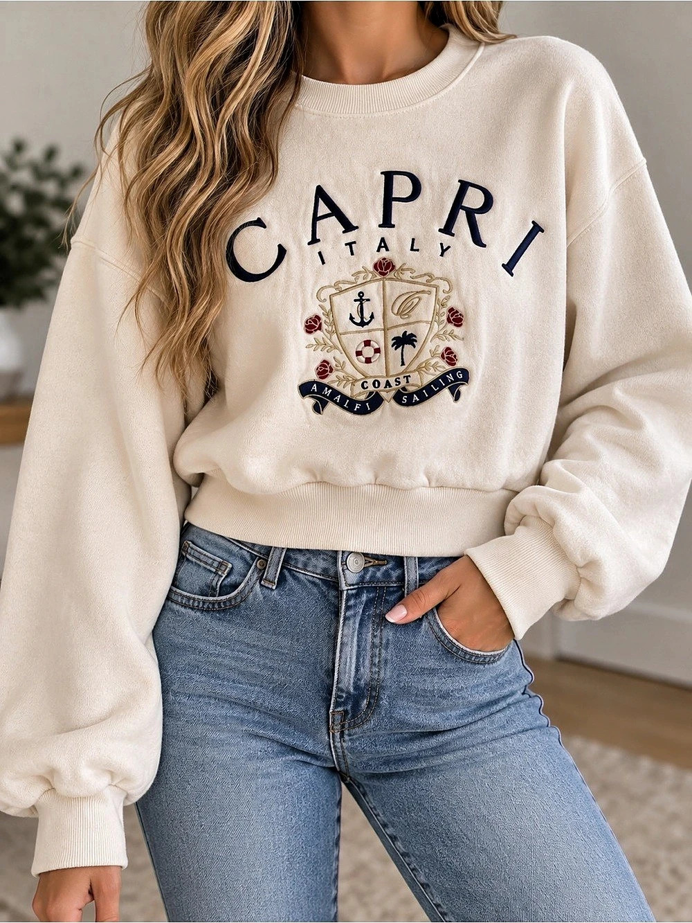 Abercrombie & Fitch Capri Destination Print Sweatshirt Cream & Navy XS